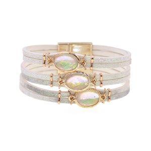 White Leather with simulated Opal Cuff Bracelet Magnetic Clasp